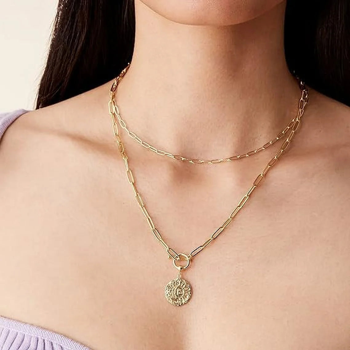 Rhodium Plated Layered Sun and Lock Pendant Necklace | Layering Necklaces for Women | Dainty Minimalist Design Pendant (Sun & Lock, White Plated)