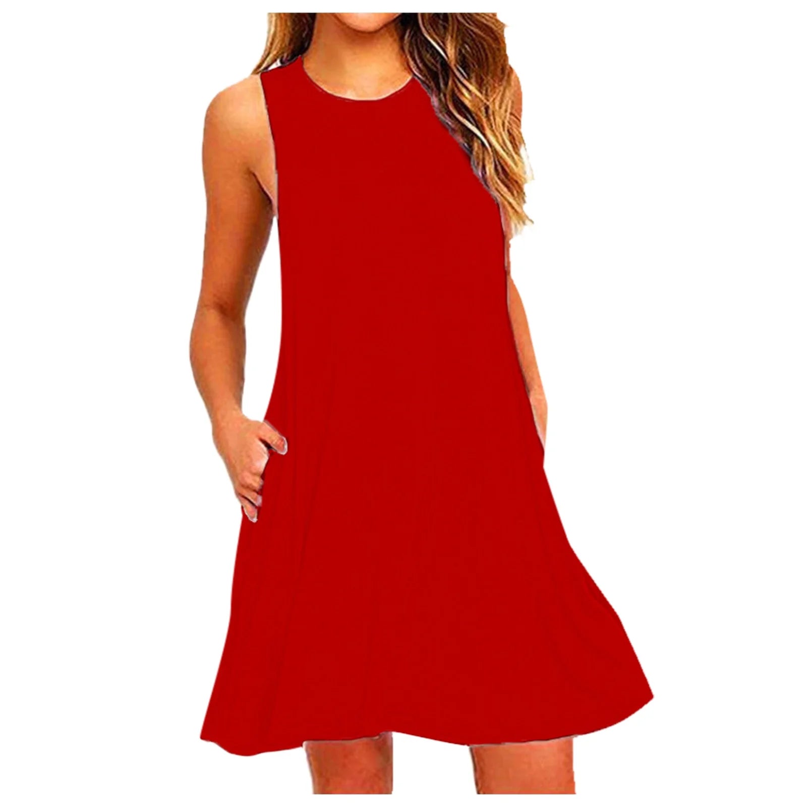 Fesfesfes Summer Dresses for Women round Neck Casual Mini Dress Solid Color Sleeveless Tank Dress Loose above Knee Sun Dress Summer Saving