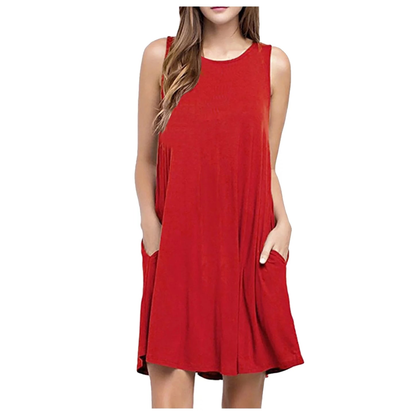 Fesfesfes Summer Dresses for Women round Neck Casual Mini Dress Solid Color Sleeveless Tank Dress Loose above Knee Sun Dress Summer Saving