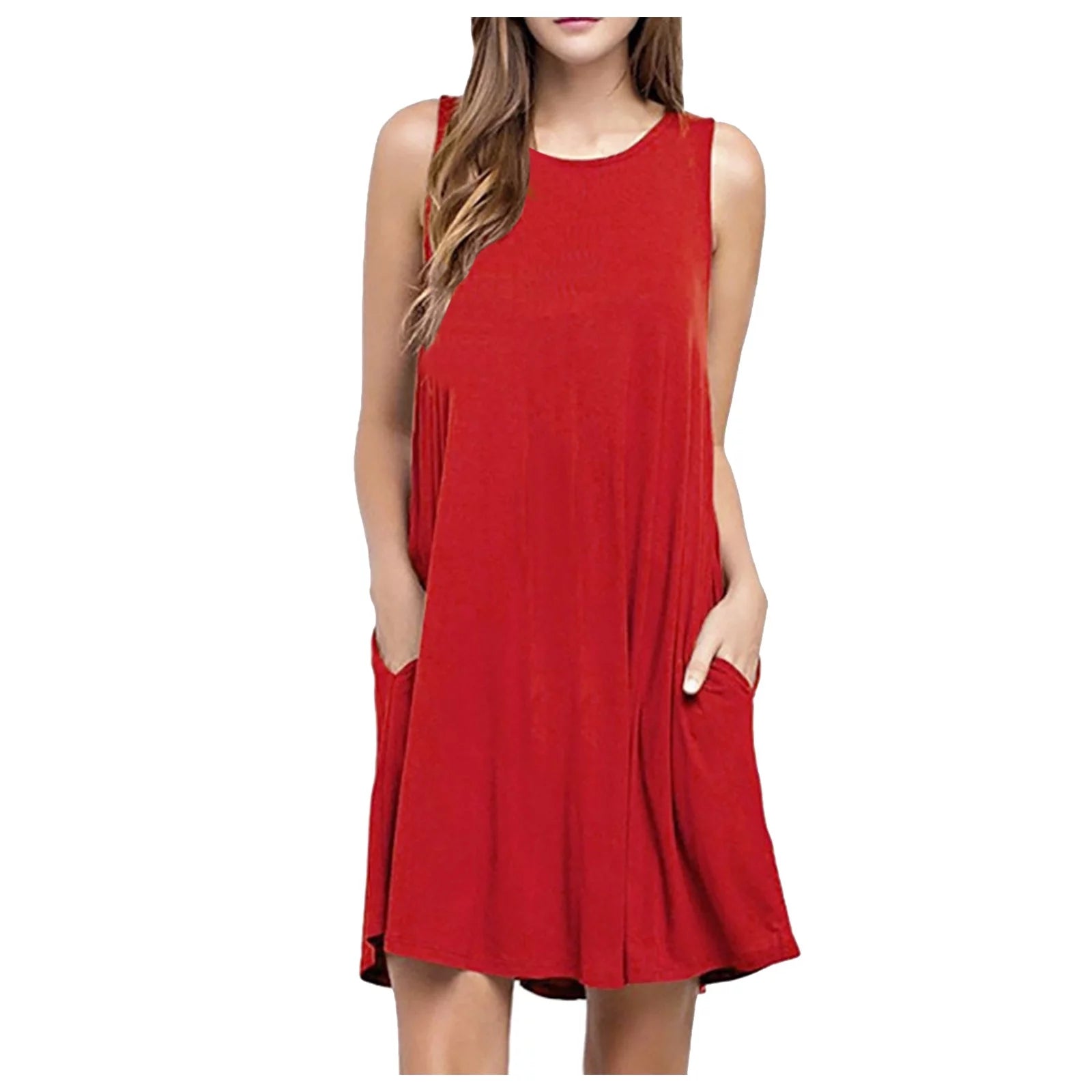 Fesfesfes Summer Dresses for Women round Neck Casual Mini Dress Solid Color Sleeveless Tank Dress Loose above Knee Sun Dress Summer Saving